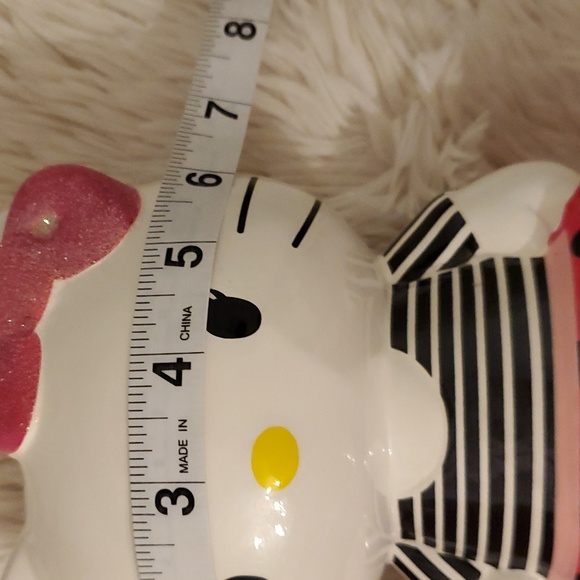 Hello Kitty Ceramic Coin Bank 8" Tall. Pink Polka Dot Skirt, Striped Blouse - Picture 9 of 10